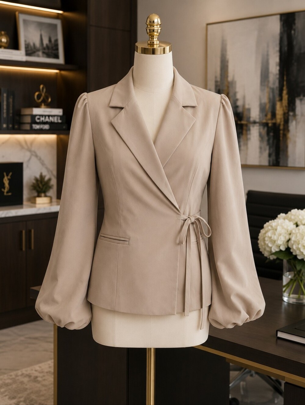 Cicy Bell NWT Khaki Wrap Blazer Size Small Balloon Sleeve Tie Waist NWT